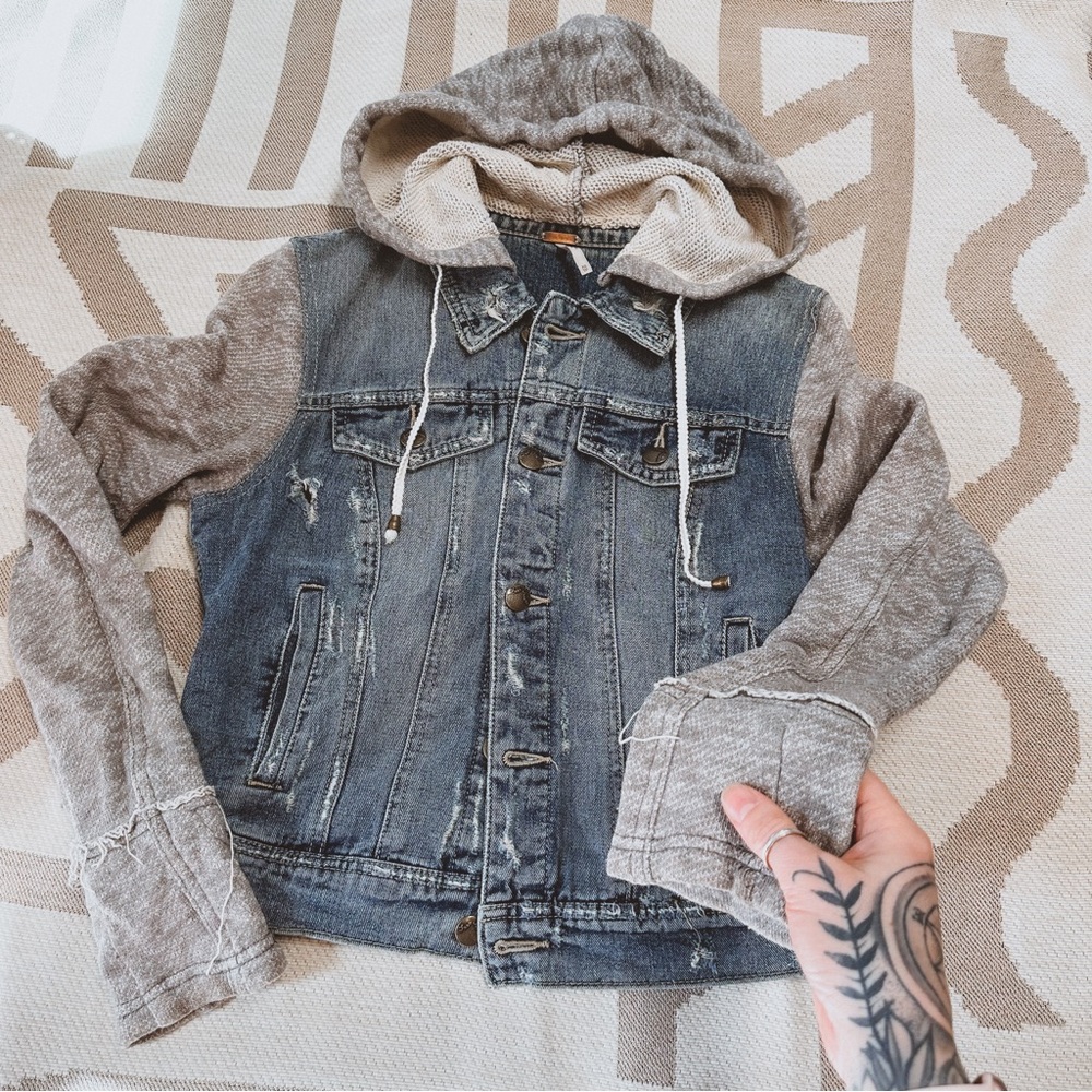 Free People distressed Jean jacket with removable hood hybrid sweater look XS